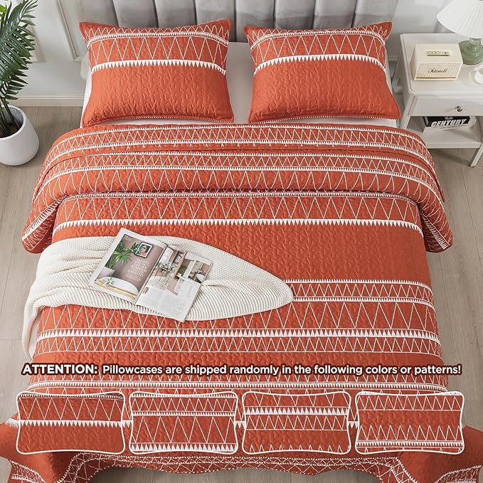 Andency Terracotta King Size Quilt Set, 3 Pieces Boho Lightweight Soft Striped Bedspread for All Season (106"x96"), Burnt Orange Printed Bohemian Microfiber Reversible Coverlet Comforter Sets