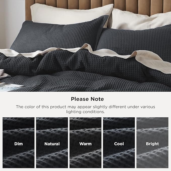Bedsure 100% Cotton Duvet Cover King Size with Fitted Sheet - 4 Pieces Charcoal Waffle Weave Bedding Set, GentleSoft™ and Breathable, Includes 1 Duvet Cover 104x90, 1 Fitted Sheet, 2 Pillow Shams