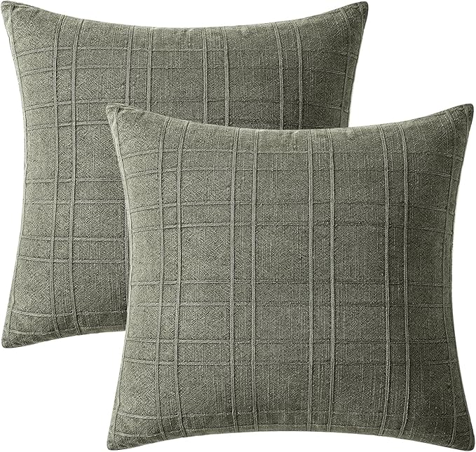 MIULEE Decorative Linen Check Throw Pillow Covers Neutral Farmhouse Vintage Spring Pillow Covers 18x18 Set of 2 Boho Modern Home Decor for Sofa Couch Bedroom Cushion Olive Green
