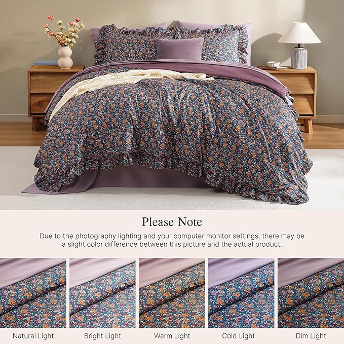 Full Comforter Set - 7 Pieces Ruffle Purple Ditzy Bedding Sets, Shabby Chic Farmhouse Bed in a Bag with Ruffle Comforter, Sheets, Pillowcases & Shams