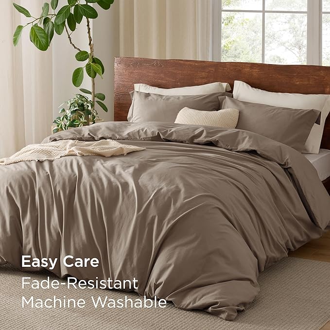 Bedsure 100% Washed Cotton Duvet Cover King Size - Light Brown Minimalist Cotton Duvet Cover Linen Like for All Seasons - GentleSoft™ Plain Simple Bedding, 3 Pieces (Light Brown, King, 104"x90")