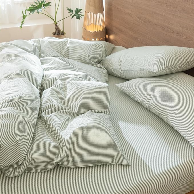 MooMee Striped Duvet Cover Set 100% Washed Cotton Linen Like Textured Breathable Durable Soft Comfy (Sage Green White Pinstripes, Twin 68"x90")
