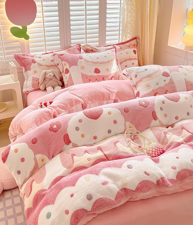 MorroMorn Pink Duvet Cover Queen, Cream Cake Kawaii Bedding Sets, Fluffy Comforter Covers Set, Down Alternative Blanket Ultra Soft Cute for Girls Kids Teen Women Full Double Size