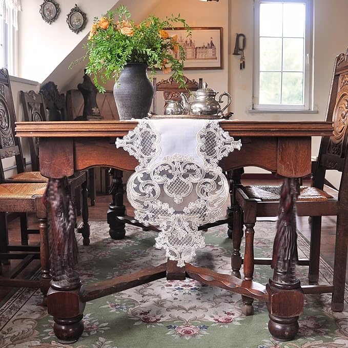 Elegant Vintage Lace Table Runner 36 inches(90cm) Long with Exquisite Macrame and Embroidered Floral Pattern Perfect as a Dresser Scarf (16X36'')