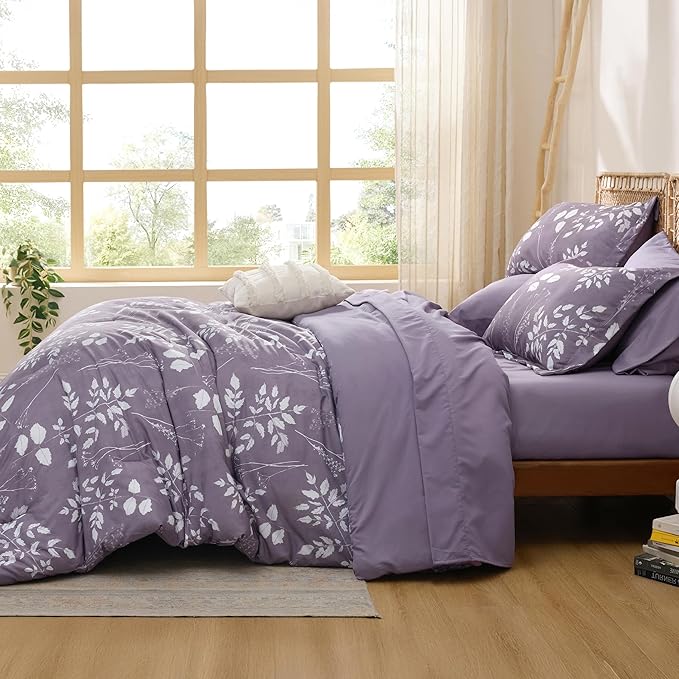 Bedsure Grayish Purple Twin Comforter Set - 5 Pieces Floral Bedding Sets Twin Bed in a Bag with Reversible Botanical Flowers Comforter, Sheets, Pillowcase & Sham
