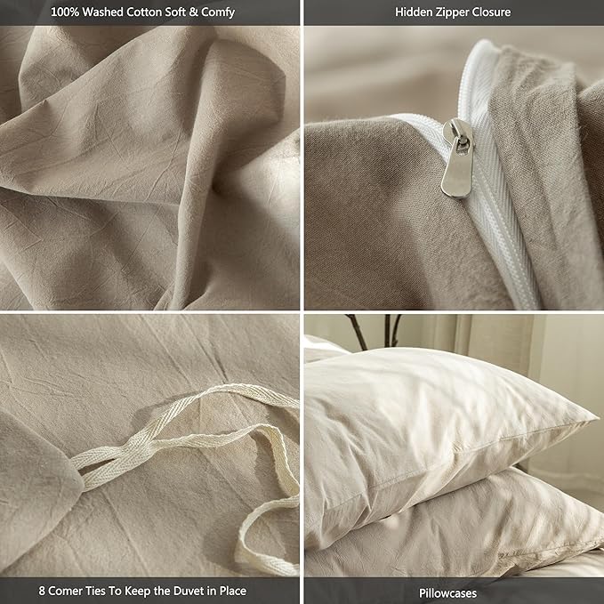MooMee Bedding Duvet Cover Set 100% Washed Cotton Linen Like Textured Breathable Durable Soft Comfy (Solid Light Camel, Oversized King Plus 128"x120")