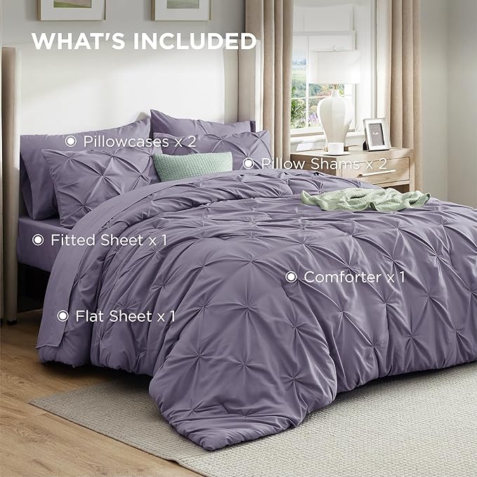 Bedsure California King Comforter Set - Bed in a Bag Cal King Bedding Set 7 PCS, GentleSoft™ Pintuck Bed Set Gift for Family, Pinch Pleat Purple Comforter with Sheets, Pillowcases & Shams