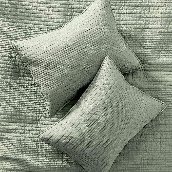 palassio Striped Sage Green 100% Cotton Quilt King Size Bedding Sets, Lightweight Crinkly Channel Pick Stitch Textured Bedspread Soft Shabby Chic Farmhouse Country Coverlet for All Season, 2 Shams