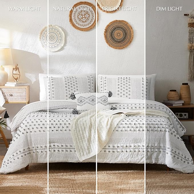 Geniospin Full Comforter Set 7 Pieces, Bed in A Bag with Comforter, Sheets, Pillowcases & Shams, Pom Tufted Design, All Season Down Alternative Bedding Sets