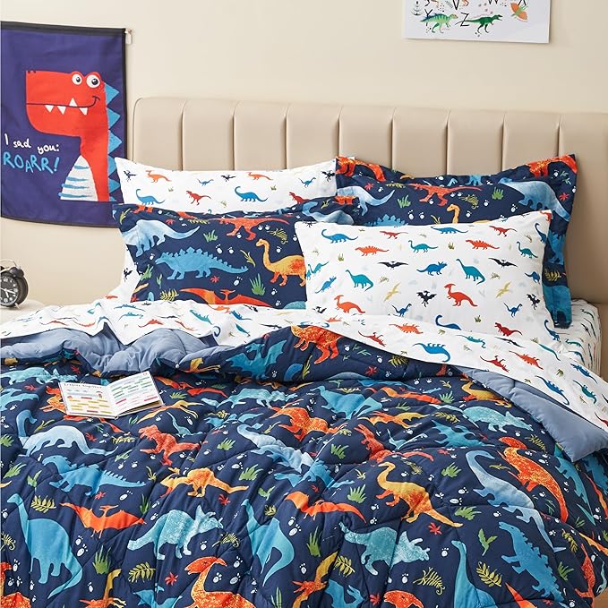 Queen Size Dinosaur Kids Bedding Set for Boys, 7 Pieces Super Soft Lightweight Microfiber Comforter Set with Sheets, Bed in a Bag, Children Bed Set