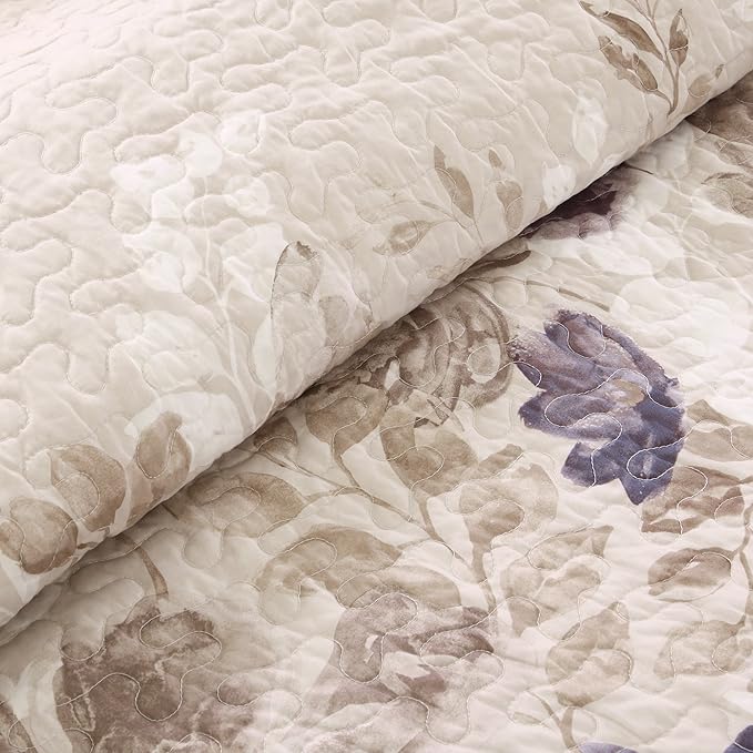 Madison Park Luna Quilt Modern Classic Design All Season, Breathable Coverlet Lightweight Bedding Set, Matching Shams, Decorative Pillow, Full/Queen(90"x90"), Floral Taupe 6 Piece