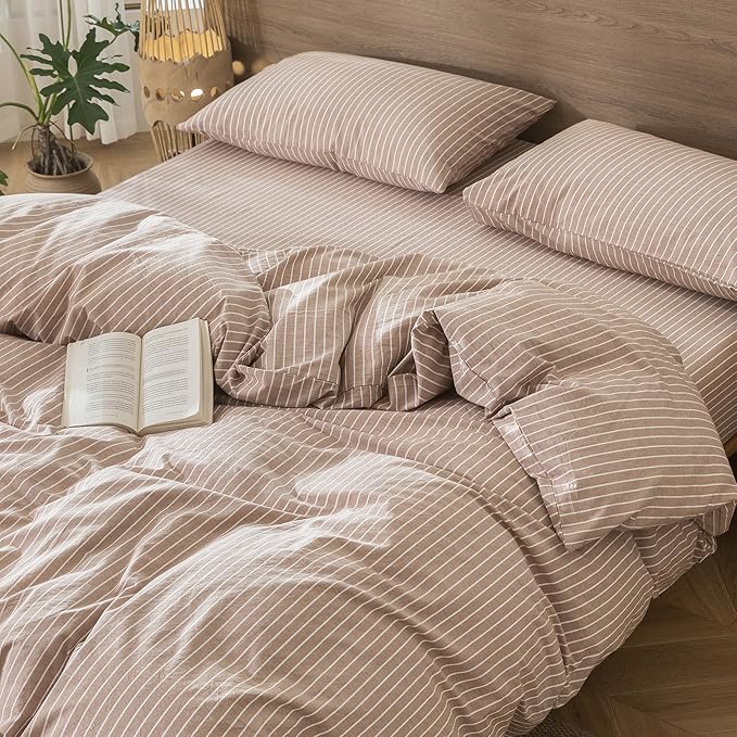 MooMee Striped Duvet Cover Set 100% Washed Cotton Linen Like Textured Breathable Durable Soft Comfy (Orange White Wide Stripes, King 104"x90")