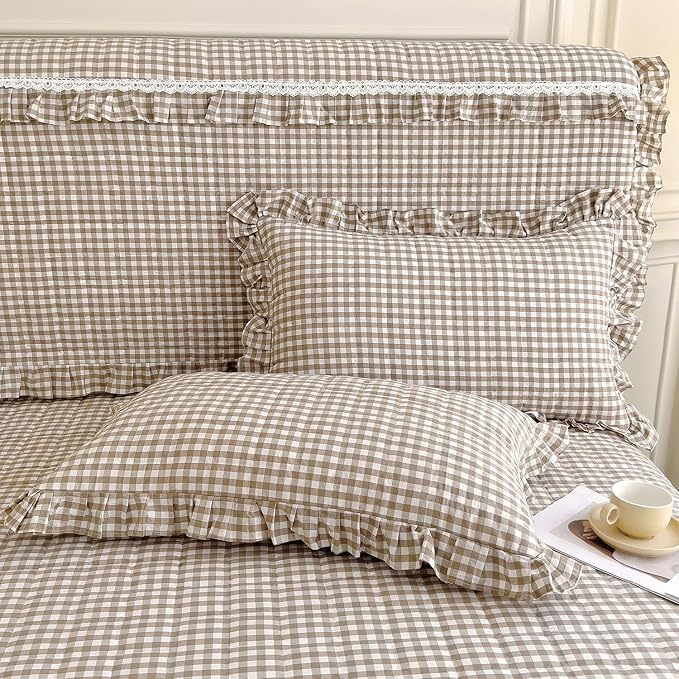 LifeTB Tan Gingham Comforter Set King Vintage Ruffle Beige Taupe Plaid Comforter Set 3 Pieces Soft Fluffy Grid Checkered Pattern Comforter with 2 Pillowcases Farmhouse Gingham Plaid Bedding Set