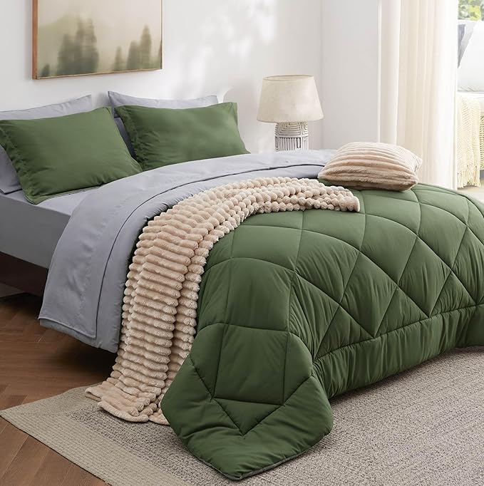 Bedsure Full Size Comforter Set - 7 Pieces Reversible Olive Green Bedding, Full Size Bed Set for All Seasons, Bed in a Bag with Down Alternative Comforter, Sheets, Pillowcases & Shams