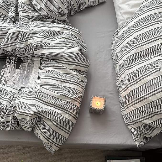 VM VOUGEMARKET Striped Duvet Cover Set Queen Size - 3 Pieces Washed Cotton Bedding Set,Preppy Style BoysComforter Cover for College Dorm,90"x90",Dark Grey&White