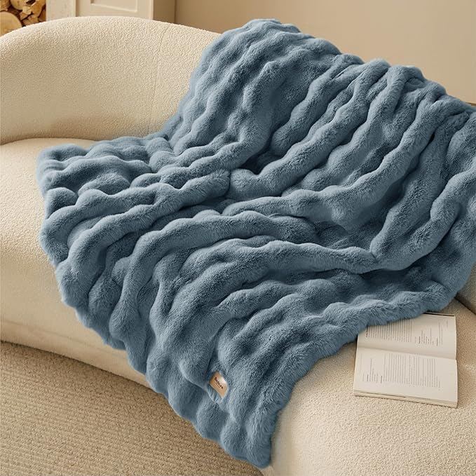 Bedsure GentleSoft Fluffy Fuzzy Greyish Blue Throw Blanket, Soft Cozy Fleece Faux Fur Blanket for Couch, Blue Room Decor Minky Velvet Bed Cover, Thick Warm Plush Birthday Gifts for Women Men Over 60