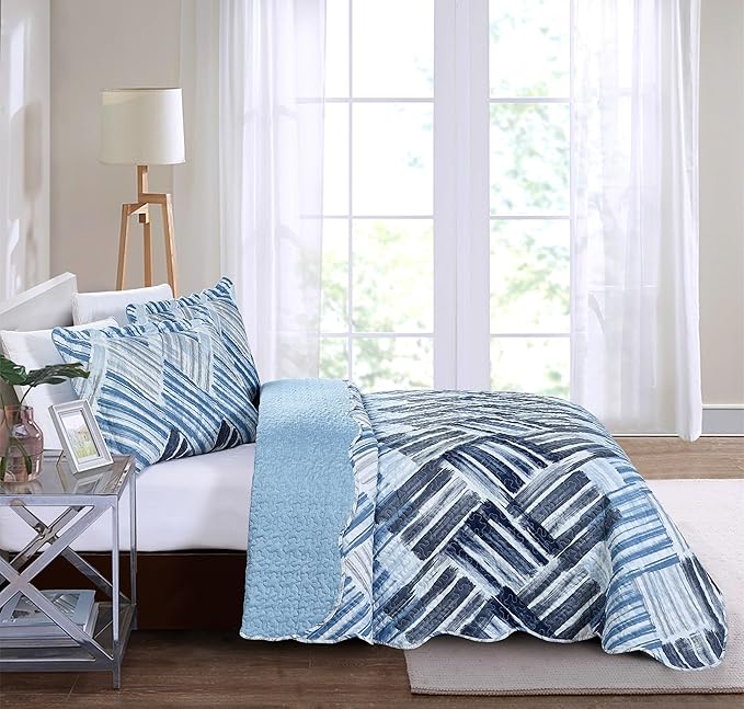 Brilliant Sunshine Blue and Grey Stripe Blocks Patchwork, 3-Piece Quilt Set with 2 Shams, Reversible Bedspread, Soft Lightweight Coverlet, All-Season, King, Blue Grey