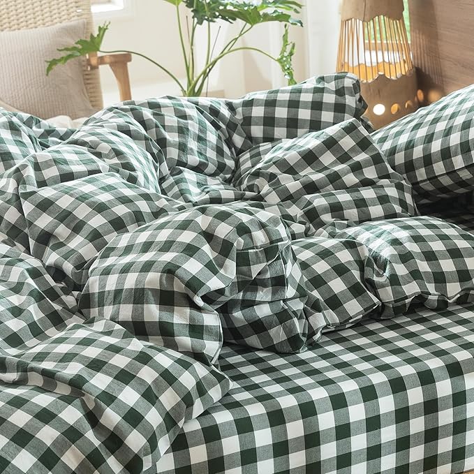 MooMee Gingham Duvet Cover Set 100% Washed Cotton Linen Like Textured Breathable Durable Soft Comfy Modern Checkered Design (Buffalo Plaid Forest Green, Twin 68"x90")