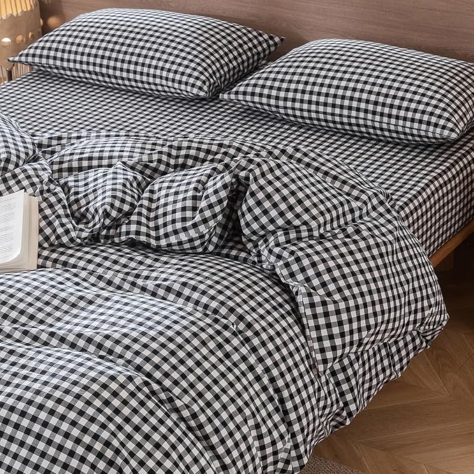 MooMee Gingham Duvet Cover Set 100% Washed Cotton Linen Like Textured Breathable Durable Soft Comfy Modern Checkered Design (Black White Gingham, Queen 90"x90")