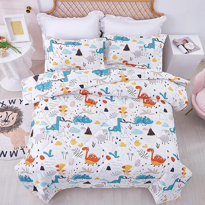 JSD Dinosaur Kids Comforter Set for Boys Girls, 3 Piece Full Microfiber Comforter with Pillow Sham, Lightweight All Season Washable