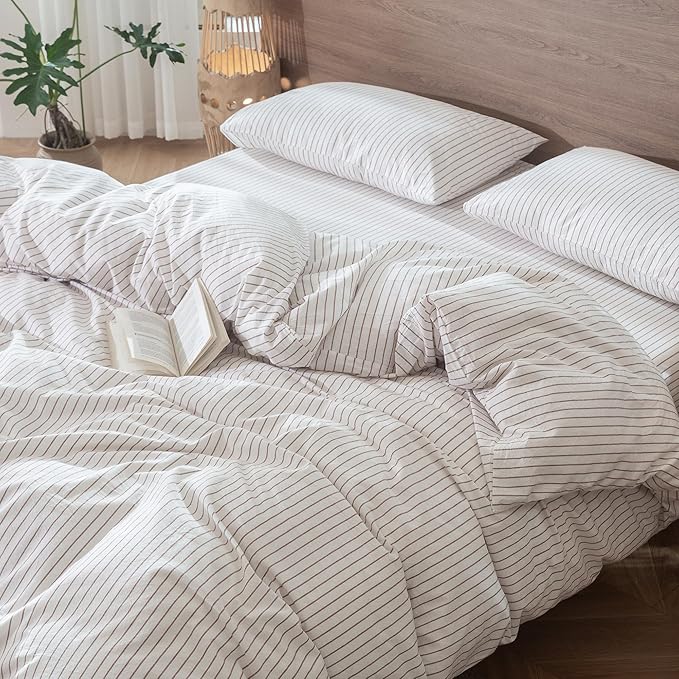MooMee Striped Duvet Cover Set 100% Washed Cotton Linen Like Textured Breathable Durable Soft Comfy (White Orange Wide Stripes, King 104"x90")