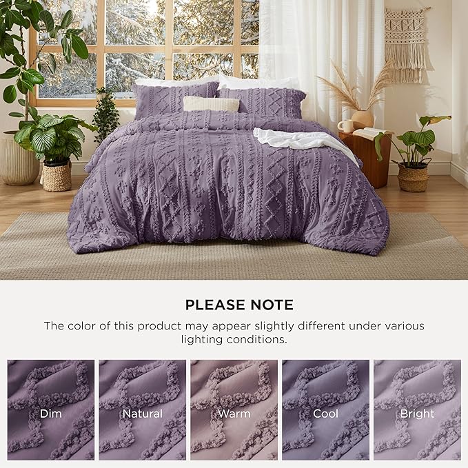 Bedsure Tufted Boho Comforter Set Queen Size - Grayish Purple Boho Bed Set, GentleSoft™ 3 Pieces Farmhouse Shabby Chic Embroidery Bedding, Gifts for Woman, Jacquard Queen Comforter for All Seasons