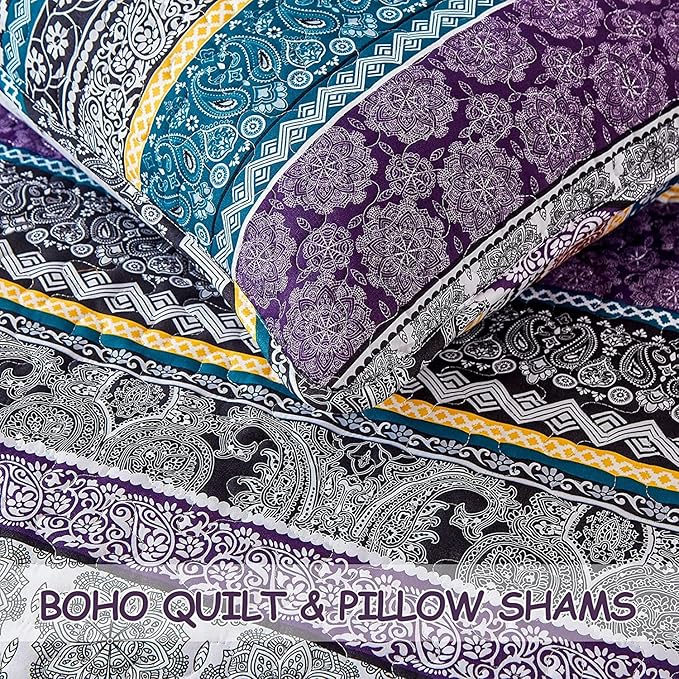 WONGS BEDDING Boho Quilt Set Full Size, Purple Bohemian 3 Pieces Quilt Sets, Lightweight Bedspread Coverlet Bedding Set for All Season (90"x78")
