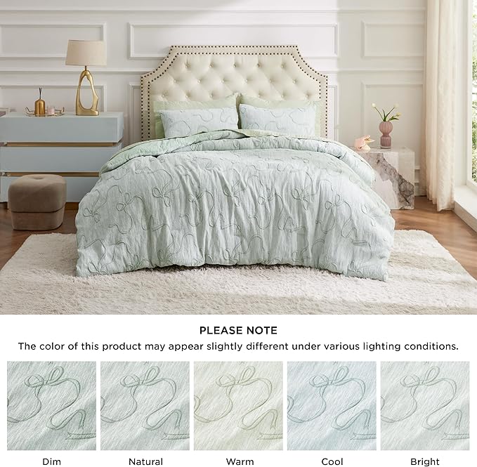 Bedsure King Size Comforter Set, GentleSoft™ 3 Pieces Bow Cute Bedding Green Room Decor Aesthetic, King Bedding Set Gifts for Her Women, 1 Bed Green Comforter, 2 Pillow Shams, 104x90 Inches