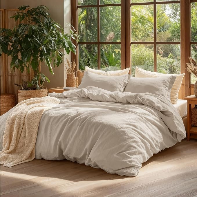 Bedsure 100% Washed Cotton Duvet Cover Cal King - Oatmeal Minimalist Cotton Duvet Cover Linen Like for All Seasons - GentleSoft™ Plain Simple Bedding (Oatmeal, California King, 104"x98")