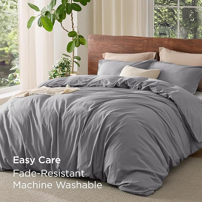Bedsure 100% Washed Cotton Duvet Cover King Size - Grey Minimalist Cotton Duvet Cover Linen Like for All Seasons - GentleSoft™ Plain Simple Bedding, 3 Pieces (Grey, King, 104"x90")