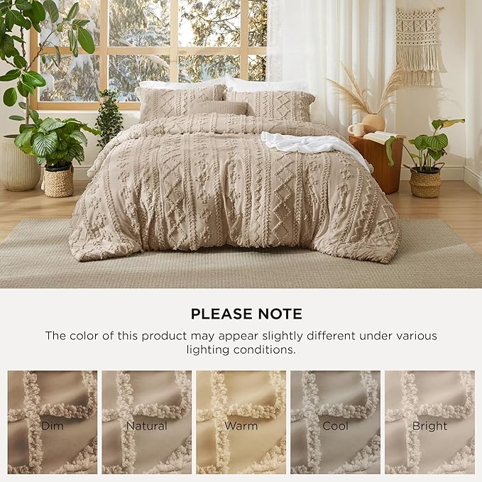 Bedsure Tufted Boho Comforter Set Queen Size - Khaki Boho Bed Set, GentleSoft™ 3 Pieces Farmhouse Shabby Chic Embroidery Bedding, Gifts for Woman, Soft Jacquard Queen Comforter for All Seasons