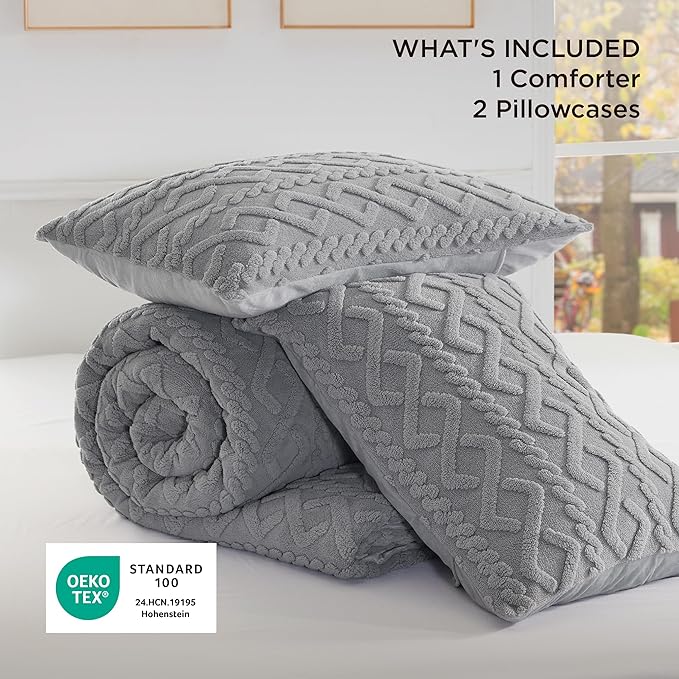 Bedsure Queen Fluffy Comforter Set, Grey Plush Fleece Bed Set, Luxury Jacquard Farmhouse Boho Soft Warm Bedding for Winter, 3 Pieces, 1 Comforter (90"x90") and 2 Pillowcases (20"x26")