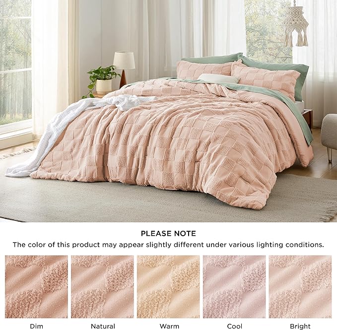 Bedsure Queen Size Comforter Set Dusty Rose, Boho Tufted Bed Set, Checkered Farmhouse Shabby Chic Bedding, 3 Pieces, 1 Plaid Geometric Comforter and 2 Pillow Shams