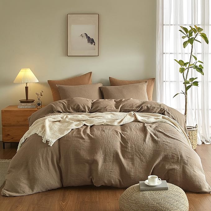 SE SOFTEXLY Muslin Duvet Cover Oversized King Size, 100% Washed Cotton Duvet Cover Set, Ultra Soft Comforter Cover Linen Like, 3 Pieces Gauze Duvet Cover with 2 Pillowcases, 98"x120", Light Brown