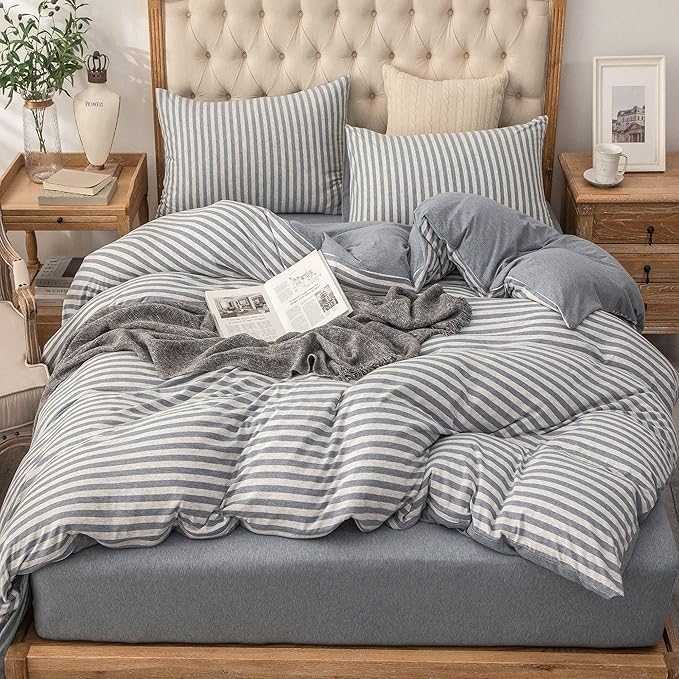 PURE ERA Jersey Knit 2pc Duvet Cover Set 100% T-Shirt Heather Cotton Super Soft Comfy Classic Striped Design, with Zipper Closure, Heather Blueish Grey Stripe, Twin