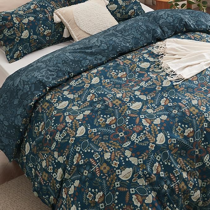 Bedsure Duvet Cover Queen Size - Reversible Floral Duvet Cover Set with Zipper Closure, 3 Pieces Navy Blue Bedding Set with 8 Corner Ties and 2 Pillow Shams 20"x26"