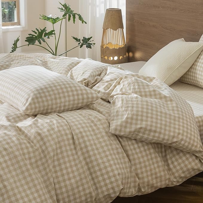 MooMee Gingham Duvet Cover Set 100% Washed Cotton Linen Like Textured Breathable Durable Soft Comfy Modern Checkered Design (Almond Milk Grey Gingham, Twin 68"x90")