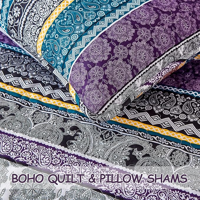 WONGS BEDDING Boho Quilt Set Queen Size, Purple Bohemian 3 Pieces Quilt Sets, Lightweight Bedspread Coverlet Bedding Set for All Season (96"x90")