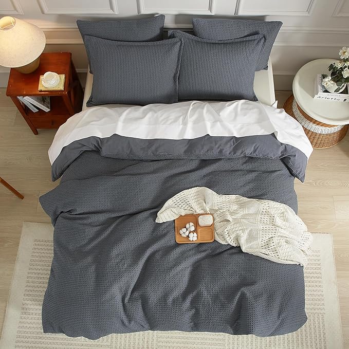 SE SOFTEXLY Waffle Duvet Cover Queen, 100% Cotton Waffle Weave Bedding Duvet Cover Set, Soft and Breathable Comforter Cover for All Season, 3 Pieces Including Pillow Shams(Dark Grey, 90”x90”)