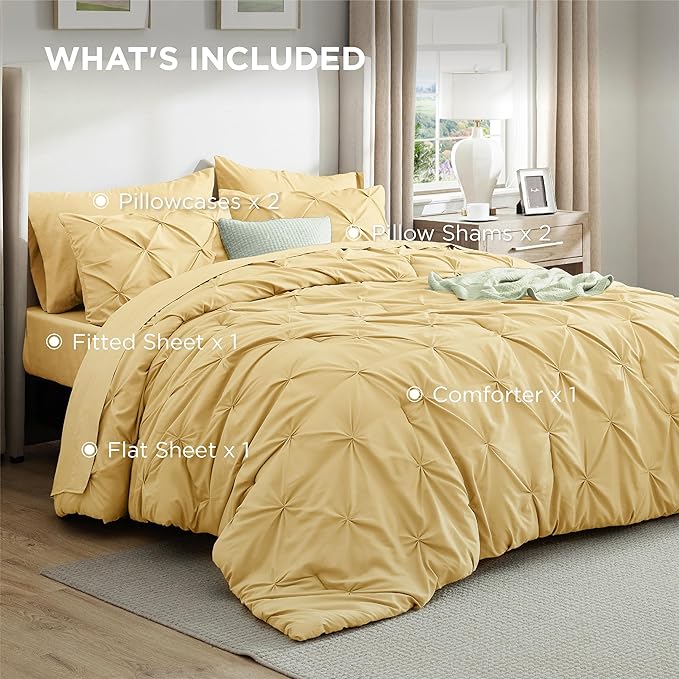 Bedsure King Size Comforter Set Yellow - Bed in a Bag Bedding Set 7 Pieces, GentleSoft™ Pintuck Bed Set Gift for Family, Pinch Pleat Yellow Comforter with Sheets, Pillowcases & Shams