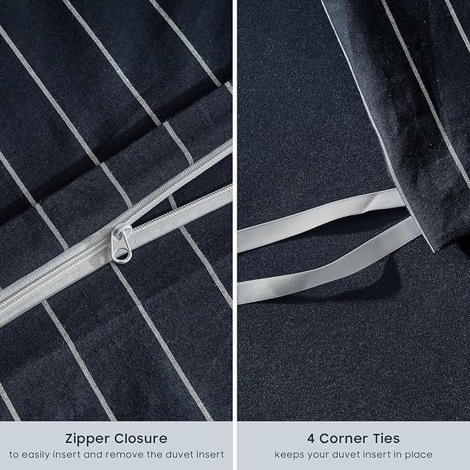 Wake In Cloud - Striped Cotton Duvet Cover Set, Ticking Stripe Vertical Pinstripe Farmhouse, 100% Washed Cotton Textured Percale Bedding Set, 3 Pieces, Navy Blue, King Size