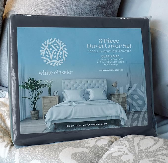White Classic Grey Duvet Cover Queen Size, Microfiber Duvet Cover with Zipper, Set of 1 Down Comforter Cover with 2 Pillow Shams, Luxury Comforter Cover Queen Size | Comforter Not Included