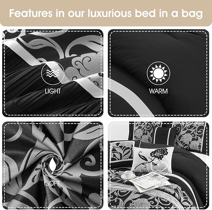 Grand Avenue Black Sliver Comforter Set King Size, 7 Piece Jacquard Floral Bedding Set, All Season, Ultra-Soft, Matching Pillows & Shams, Bed Skirt