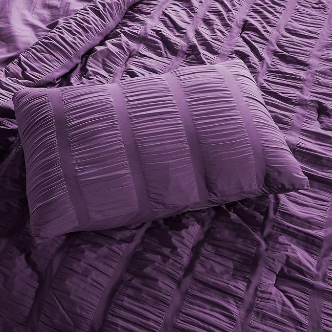 SLEEP ZONE Luxury Seersucker Queen Comforter Set 3-Piece, Soft & Lightweight Down Alternative Duvet Insert with Pillow Sham Cooling for Summer, Purple