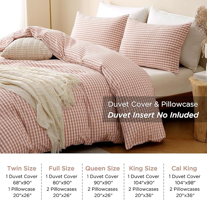 TOCOMOA Pink Tan Gingham Duvet Cover Bedding Set 100% Washed Cotton Like Linen Feel Super Soft Comfy 3 Piece Vintage Plaid Checkered Fall Comforter Cover Set (Full 80"x90", Comforter Not Included)