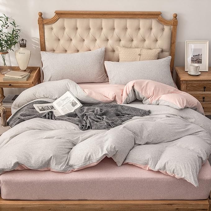 PURE ERA Jersey Knit Duvet Cover Set 100% T-Shirt Heather Cotton Super Soft Comfy Classic Striped Design, with Zipper Closure, Grey Light Pink Pinstripe, King.
