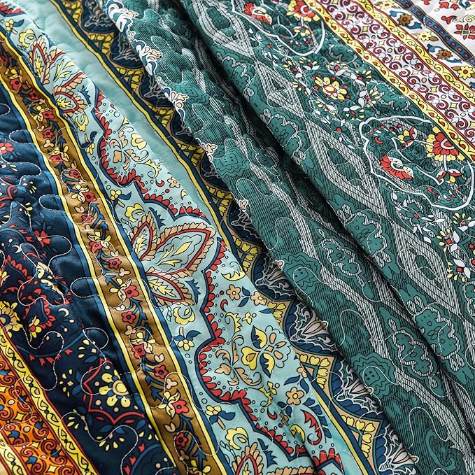 WONGS BEDDING Boho Quilt Set California King, Green and Brown Bohemian Striped Pattern Printed Quilt Coverlet, Lightweight Microfiber Bedspread for All Season 106"x96"(3 Pieces, Cal King)