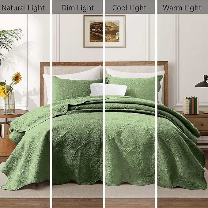 IR Imperial Rooms 8 Pack Quilt King Size Bedding (106" x 96") - Bulk Wholesale for Hotels, Guest Bedroom & Airbnbs - Lightweight Microfiber Reversible Floral Embossed Quilts Bedspreads (Olive Green)