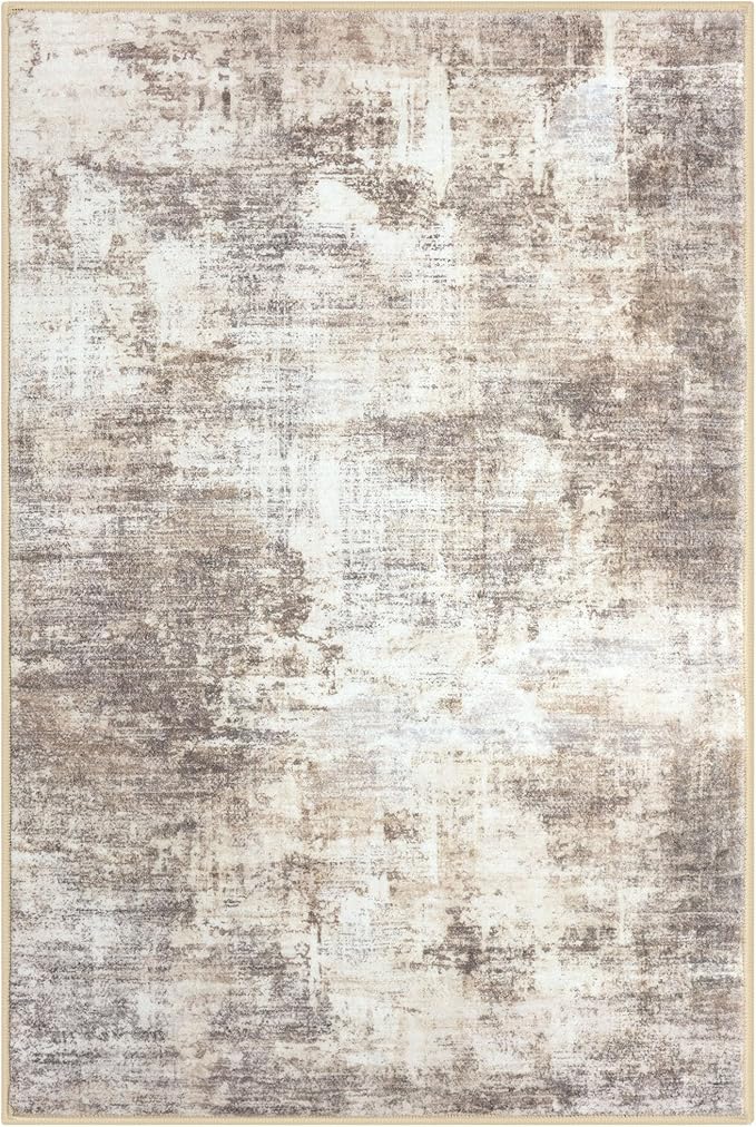 IOHOUZE Small Abstract Area Rug 2x3 Ft Entryway Rugs Washable Door Mat Indoor Entrance, Rubber Backed Throw Rugs, Printed Faux Wool Non Slip Floor Carpet for Foyer Front Door Sink, Beige Brown