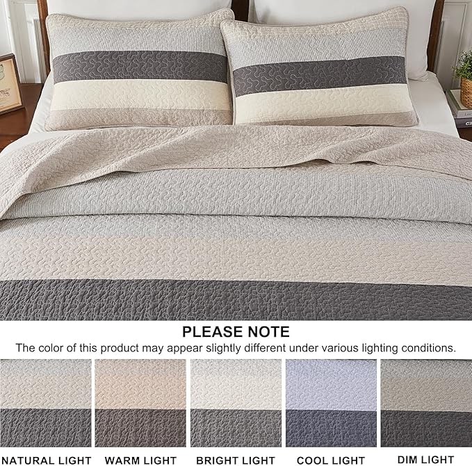 Oversized King Quilt Bedspread Coverlet 128x120, 100% Cotton California King Quilt with Pillow Shams, Soft Yarn Dyed Striped Bedding Set, Gray/Khaki/Beige/Charcoal